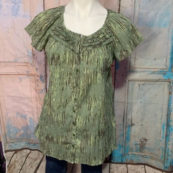 Laura Scott Womans S Green Black Gray Peasant Cap Short Sleeve Blouse Polyester - Picture 4 of 7